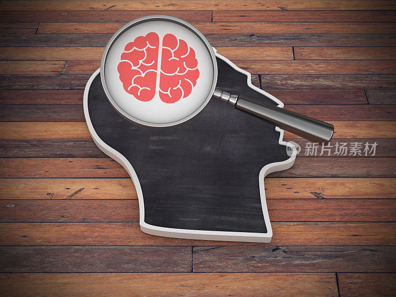 人类头部形状与放大镜和大脑在木地板- 3D渲染